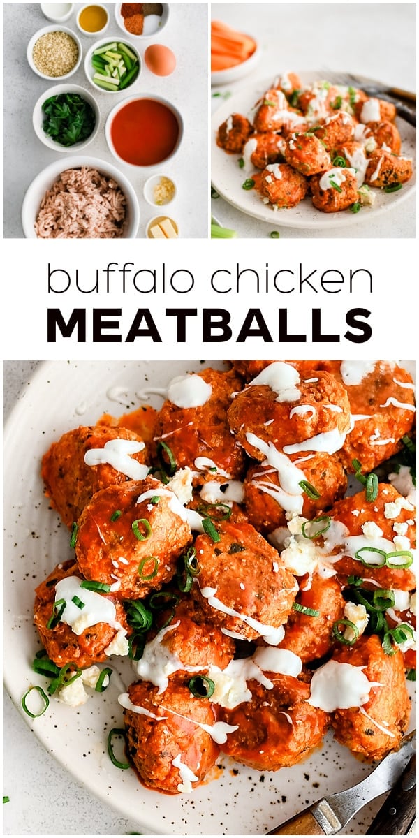 Pinterest Pin for the best buffalo chicken meatballs recipe with three images and text overlay with three images and text overlay.