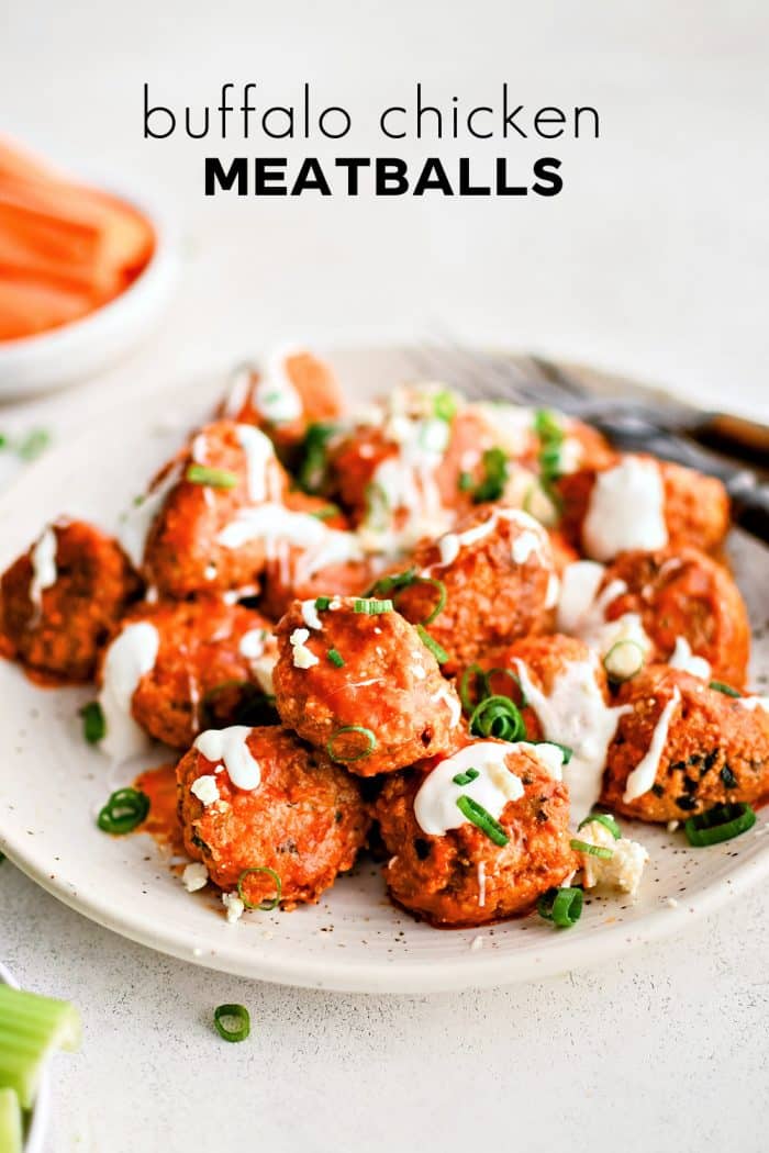 Pinterest Pin for buffalo chicken meatballs with one image and text overlay.