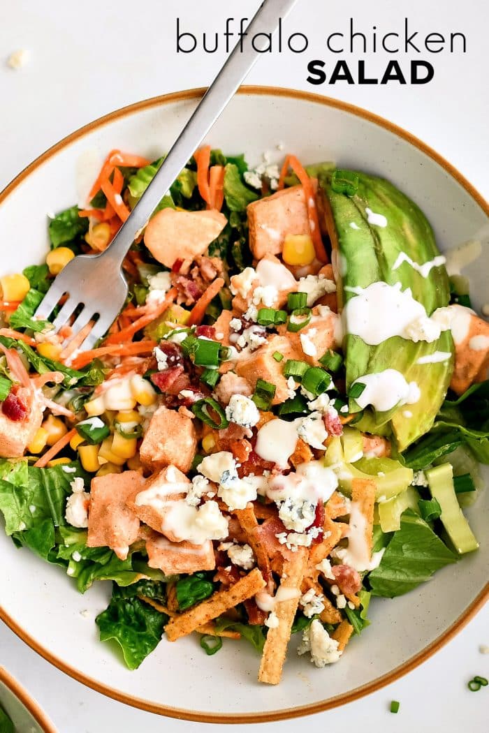 Pinterest Pin for buffalo chicken salad with one image and text overlay.