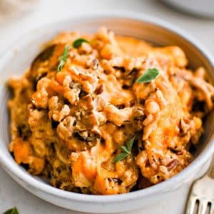 White bowl filled with a large serving of cheesy chicken and wild rice casserole.