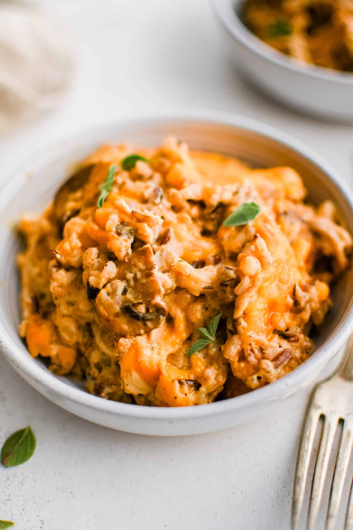 White bowl filled with a large serving of cheesy chicken and wild rice casserole.