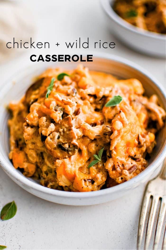 Pinterest Pin for Chicken and Wild Rice Casserole with one image and text overlay.