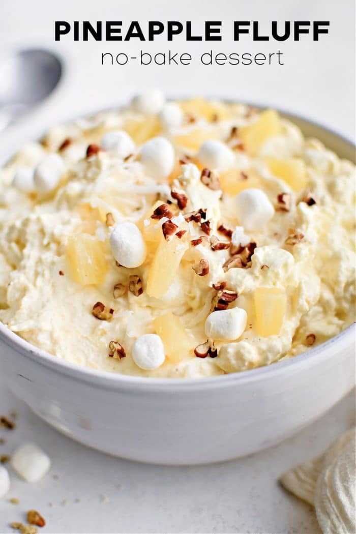 Pinterest Pin for pineapple fluff with one image and text overlay.