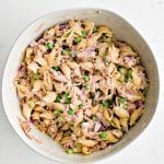Pinterest Pin image for tuna pasta salad with one image and text overlay.