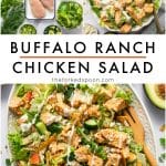 Pinterest-style vertical collage graphic for buffalo ranch chicken salad. The top left image shows raw chicken breasts and salad ingredients arranged on a white marble surface, while the top right image shows a close-up salad bowl with buffalo chicken, greens, cucumber, avocado, and dressing. Large black text in the center reads โBUFFALO RANCH CHICKEN SALADโ with a thin orange line beneath โBUFFALO RANCH,โ and smaller black text below reads โtheforkedspoon.com.โ The bottom half of the graphic shows a large platter of buffalo chicken salad with wooden serving spoons, cucumber, avocado, apple, tortilla strips, green onions, blue cheese crumbles, and creamy orange and white dressings.