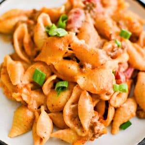 Medium-sized serving plate topped with a generous portion of cheese, saucy, meaty cheeseburger casserole recipe and garnished with freshly chopped green onions.