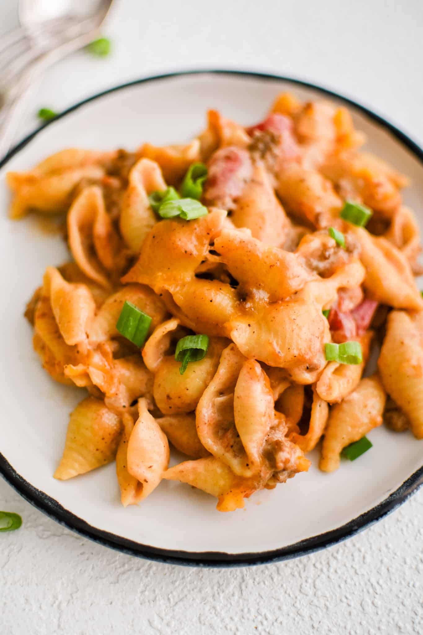 Medium-sized serving plate topped with a generous portion of cheese, saucy, meaty cheeseburger casserole recipe and garnished with freshly chopped green onions.