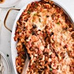 Pinterest Pin image for Johnny Marzetti Casserole with one image and text overlay.