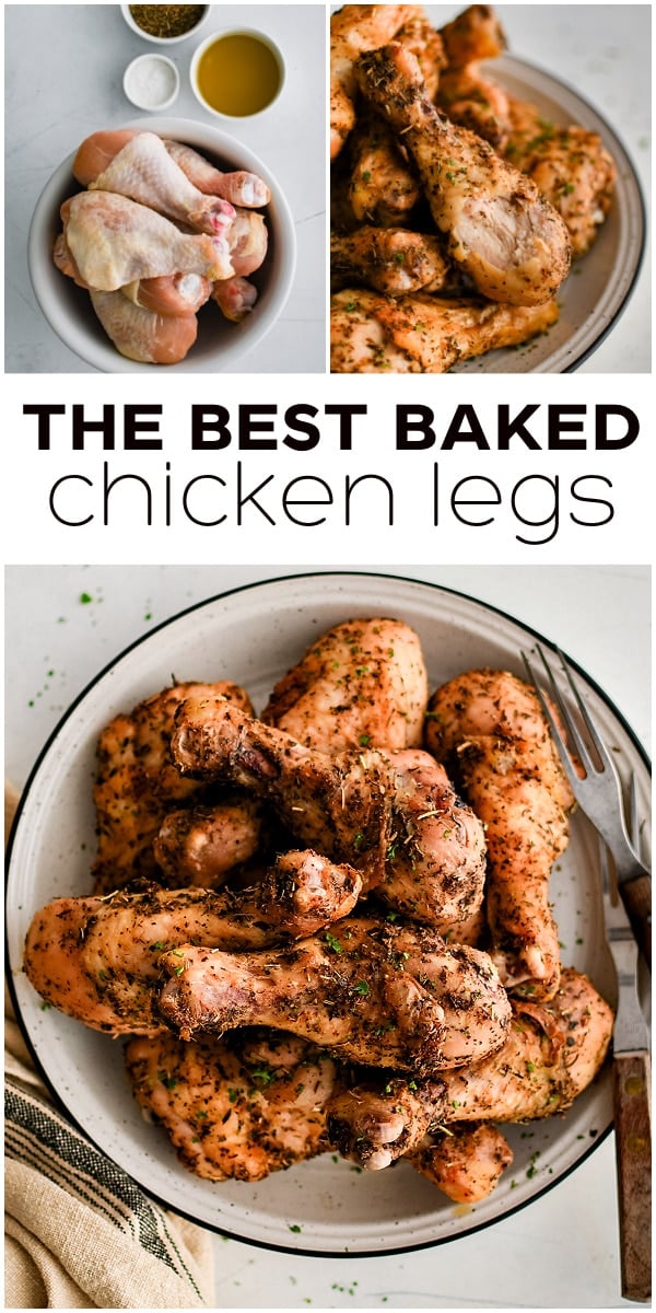 Pinterest Pin for baked chicken legs recipe with three images and text overlay with three images and text overlay.