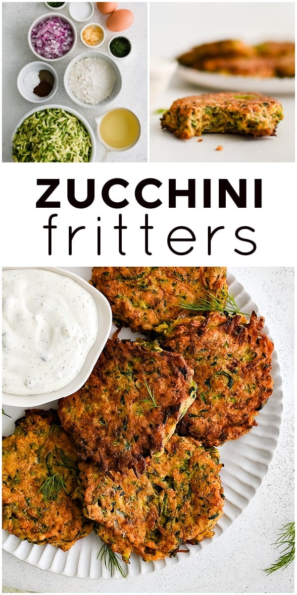 Pinterest Pin for crispy zucchini fritters with three images and text overlay with three images and text overlay.