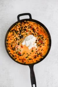 Tomatoes, corn, and black beans pooled in a mixture of milk, chicken, broth, and sour cream and contained in a large cast iron skillet.