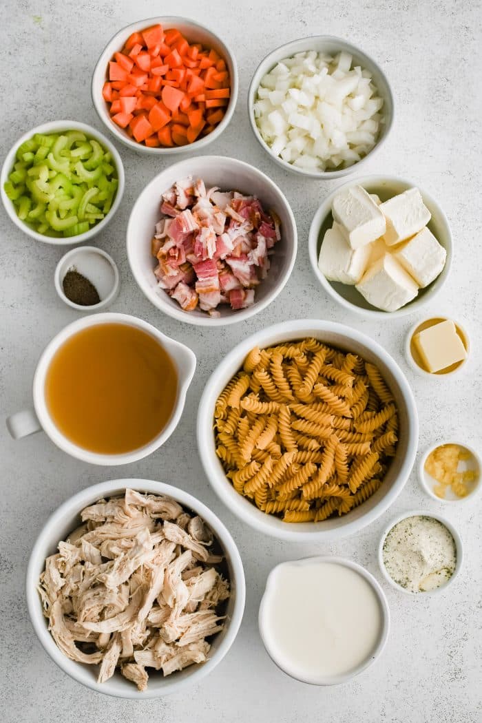 All of the ingredients needed to make super creamy crack chicken soup in individual measuring cups and ramekins.