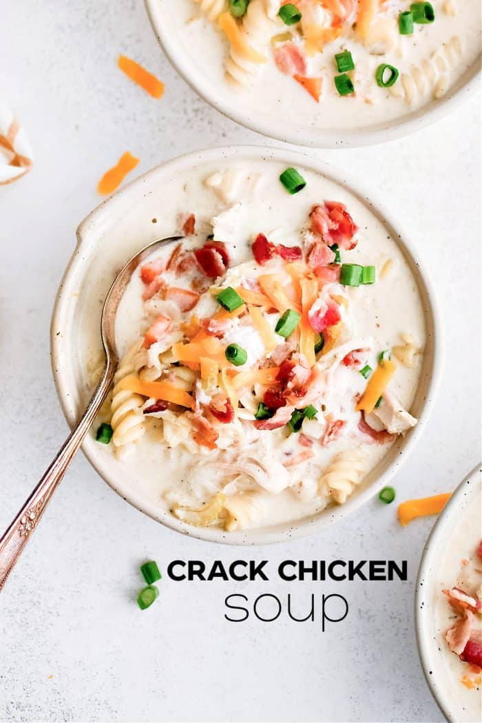 Pinterest Pin image for crack chicken soup Recipe with one image and text overlay.