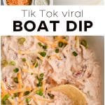 Pinterest Pin for boat dip Recipe with three images and text overlay with three images and text overlay.