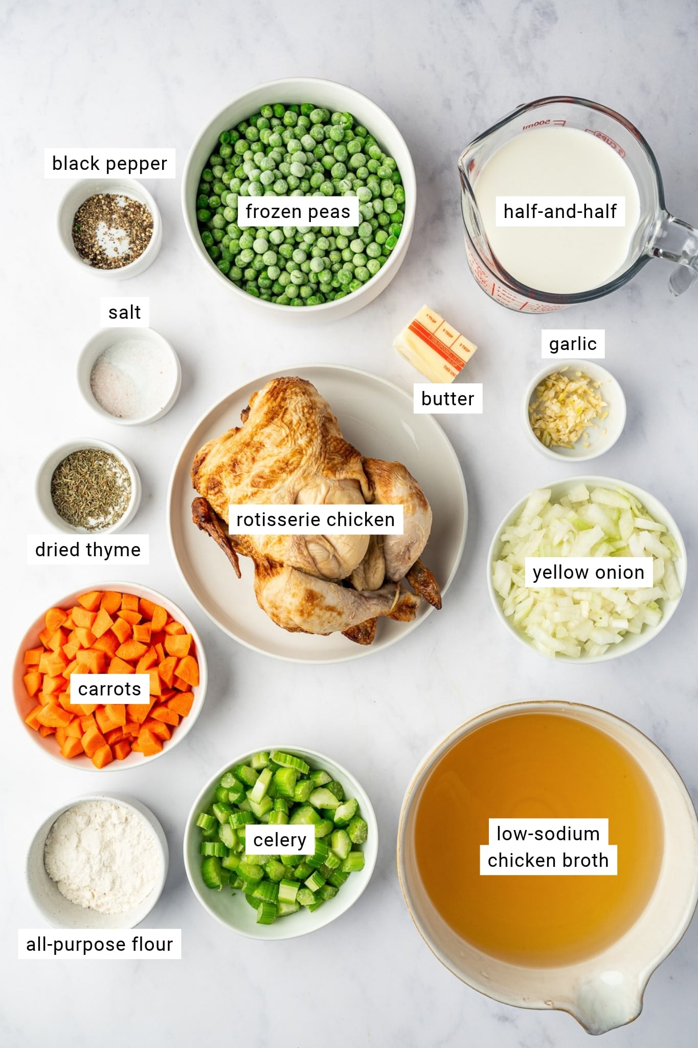 Photo of labeled creamy chicken soup ingredients, including rotisserie chicken, carrots, celery, onion, garlic, peas, butter, flour, chicken broth, half-and-half, and seasonings.