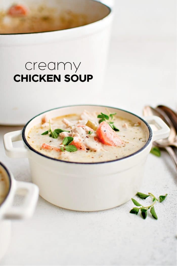 Pinterest Pin image for creamy chicken soup with one image and text overlay.