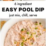 Collage image showing TikTok-famous pool dip recipe ingredients (sour cream, shredded cheese, Rotel tomatoes, taco seasoning, ranch seasoning, and green onions) and a bowl of creamy boat dip garnished with cheese and green onions. Text overlay reads: 6 Ingredient Easy Pool Dip Just Mix, Chill, Serve.