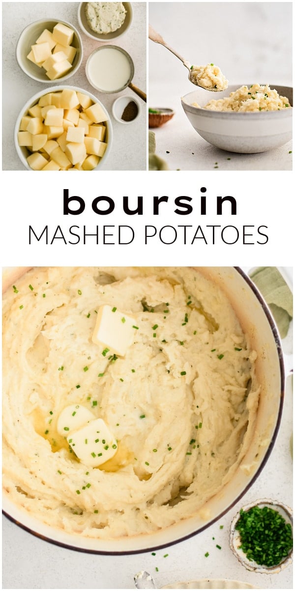 Pinterest Pin for easy Boursin mashed potatoes with three images and text overlay.