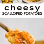Pinterest Pin for cheesy scalloped potatoes with three images and text overlay.