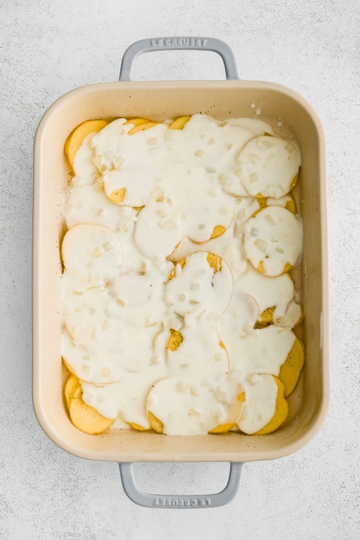 Large 9x13-inch baking dish with a bottom layer of thinly sliced potatoes topped with a layer of homemade cream sauce.