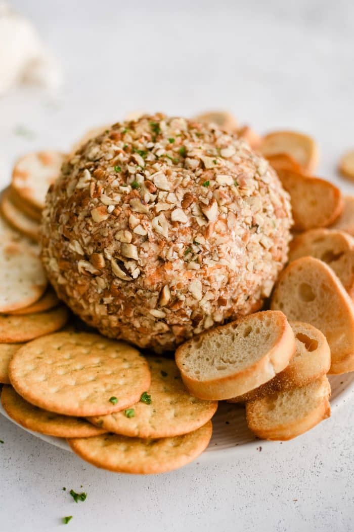 Classic cheese ball coated in chopped pecans and garnished with fresh parsley on a plate and served with various types of crackers and crostini.