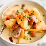 Pinterest Pin image for ham and potato soup with one image and text overlay.