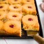 Pinterest Pin image for retro pineapple upside down cake with one image and text overlay.