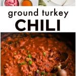 Pinterest Pin for turkey chili with three images and text overlay.