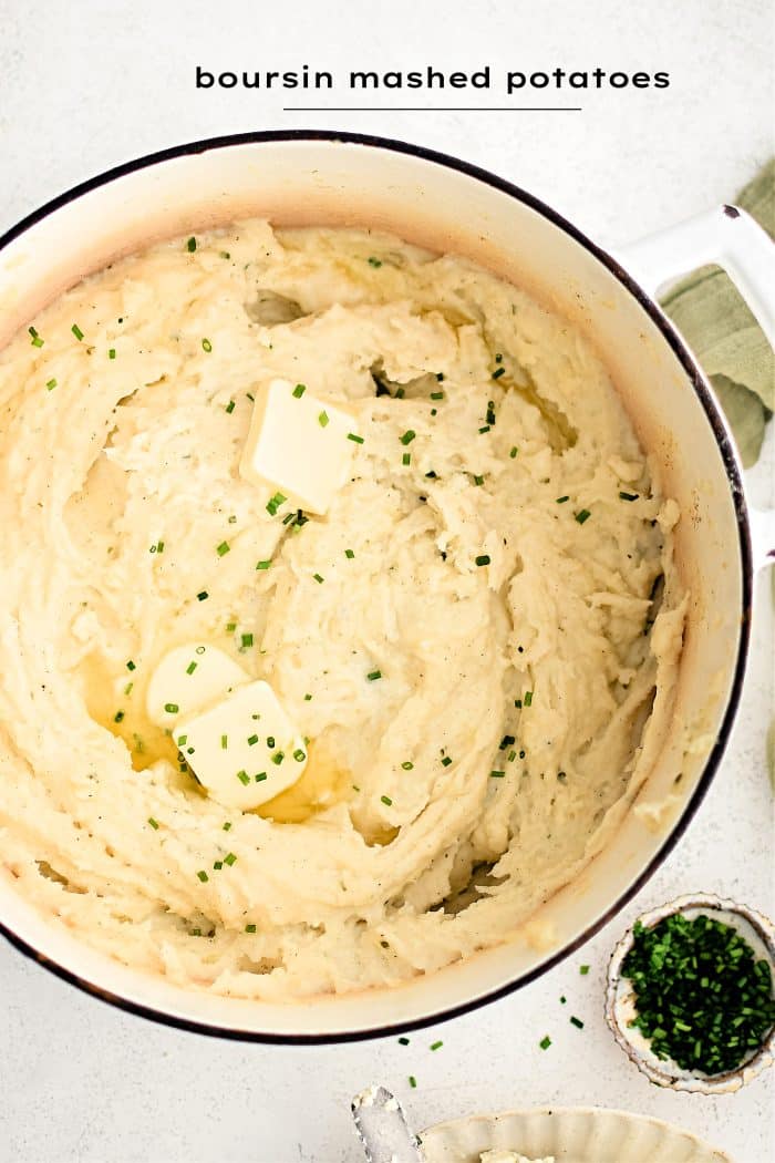 Pinterest Pin image for Boursin Mashed Potatoes Recipe with one image and text overlay.