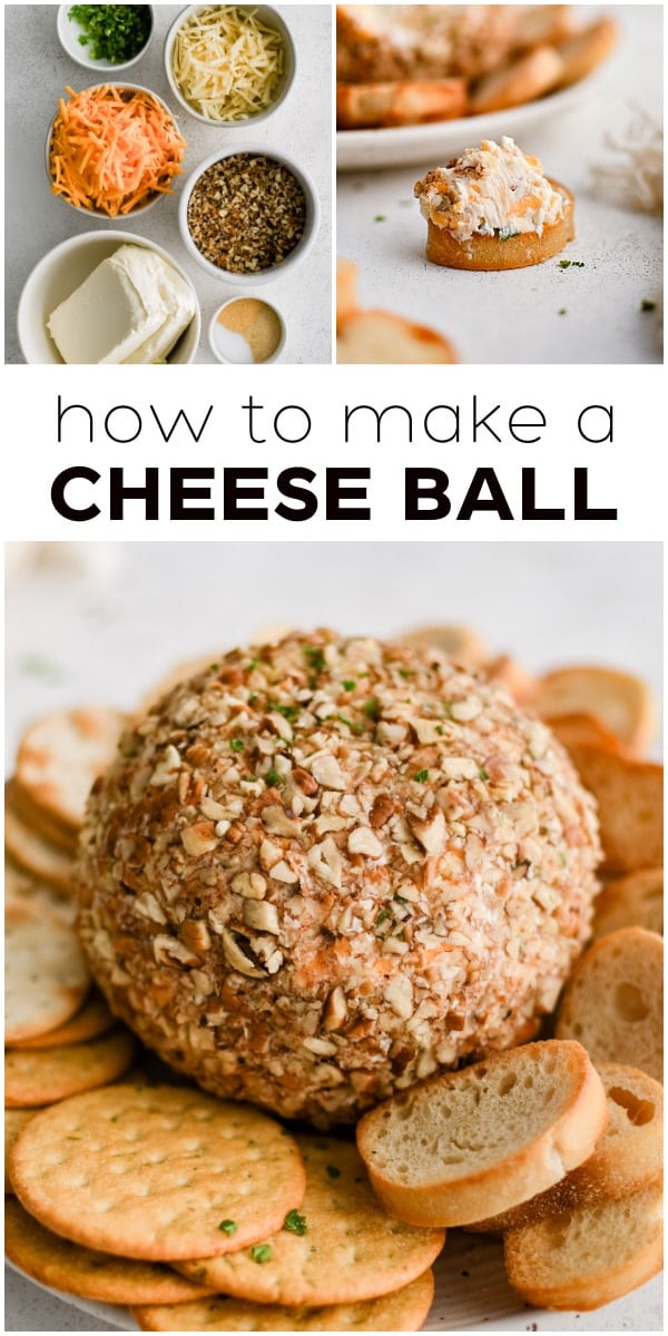 Pinterest Pin for cheese ball recipe with three images and text overlay.