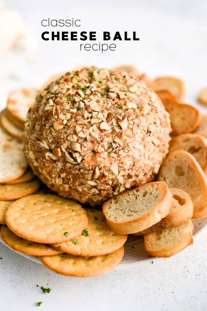 Pinterest Pin image for cheese ball recipe with one image and text overlay.