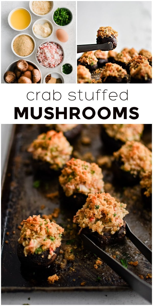 Pinterest Pin for Crab Stuffed Mushrooms with three images and text overlay.