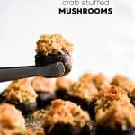 Pinterest Pin image for Crab Stuffed Mushrooms with one image and text overlay.