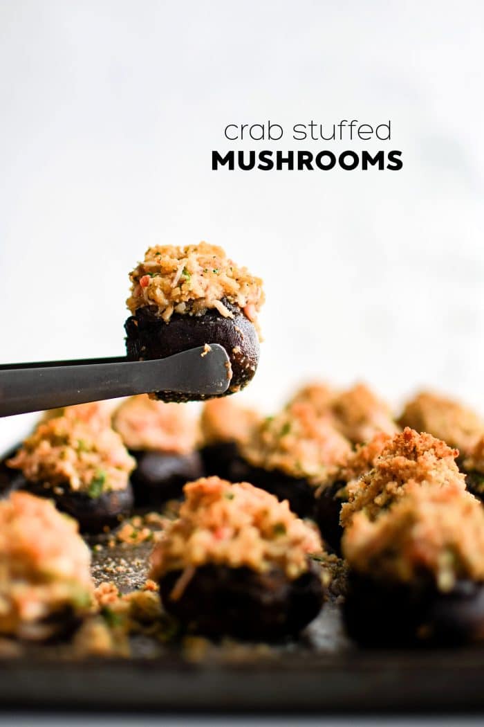 Pinterest Pin image for Crab Stuffed Mushrooms with one image and text overlay.