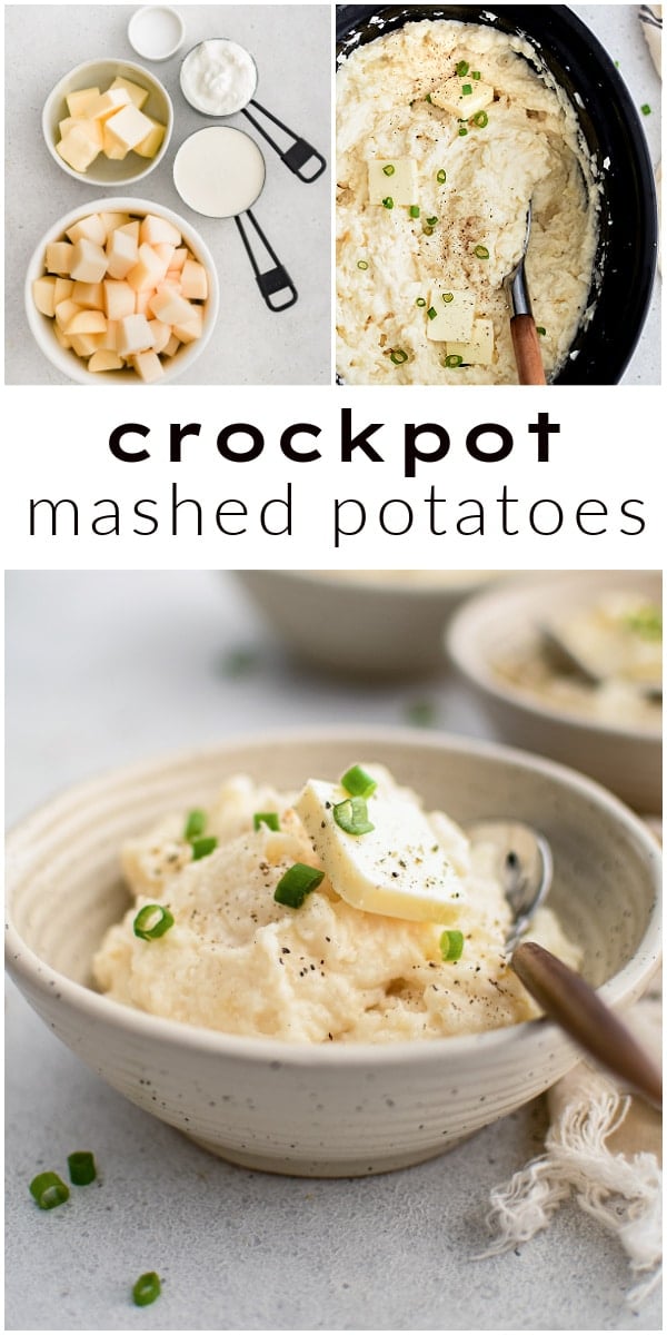 Pinterest Pin for Crockpot Mashed Potatoes recipe with three images and text overlay.