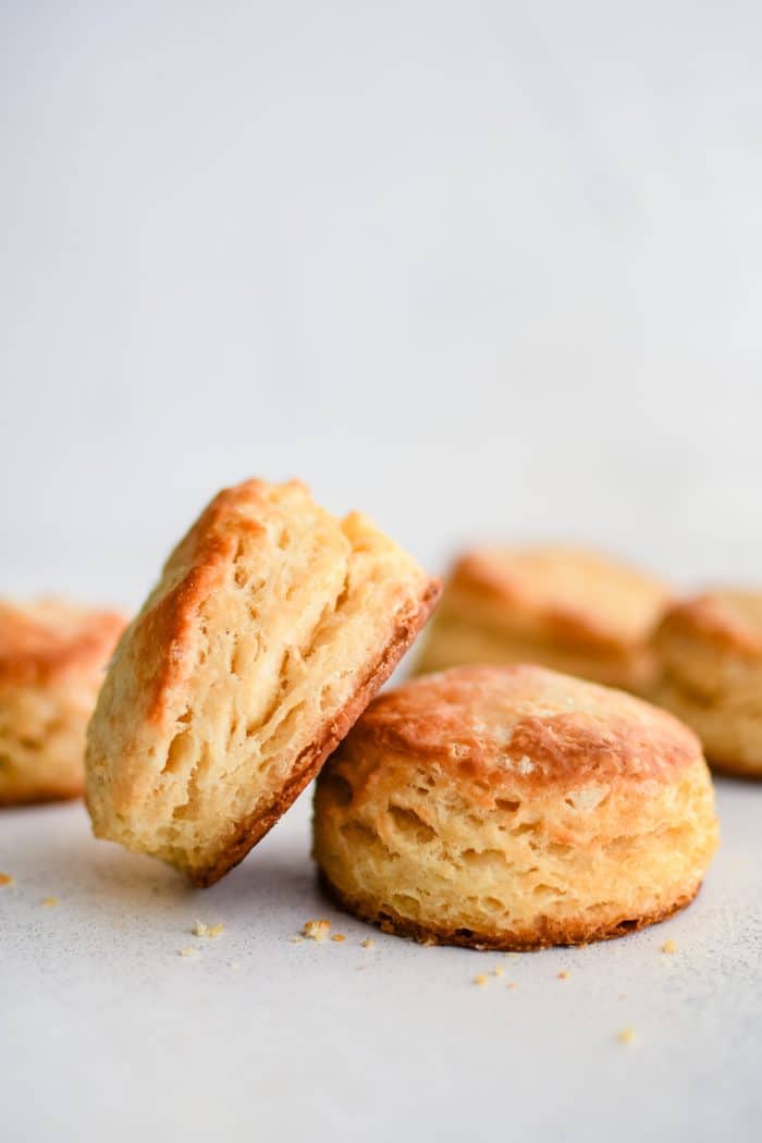 Freshly baked golden buttermilk biscuits.