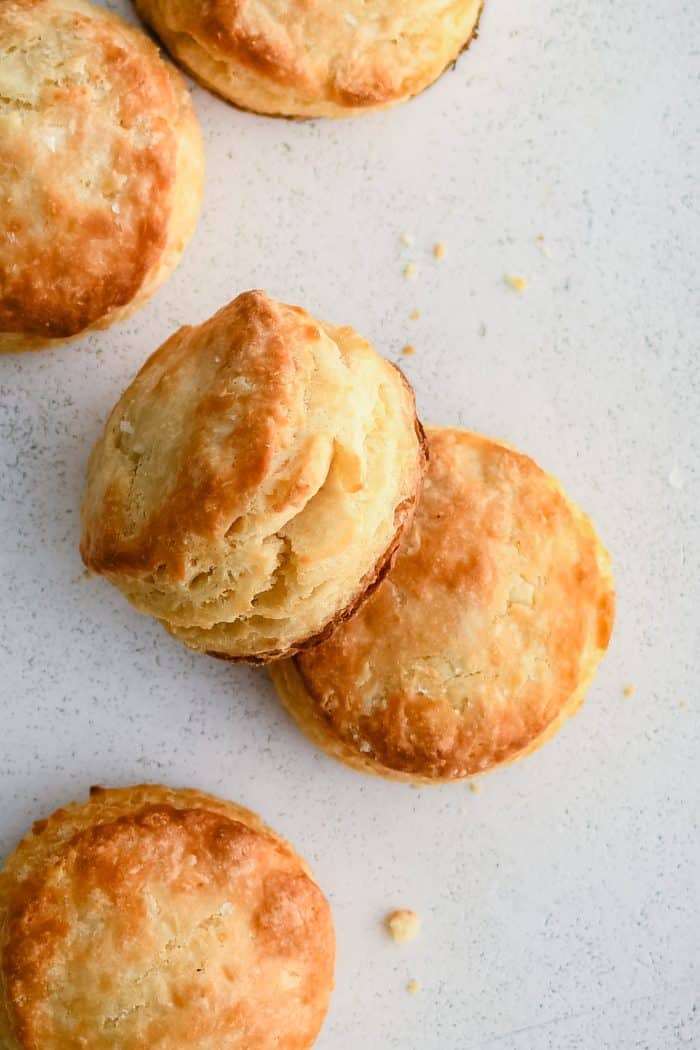 Freshly baked golden buttermilk biscuits.