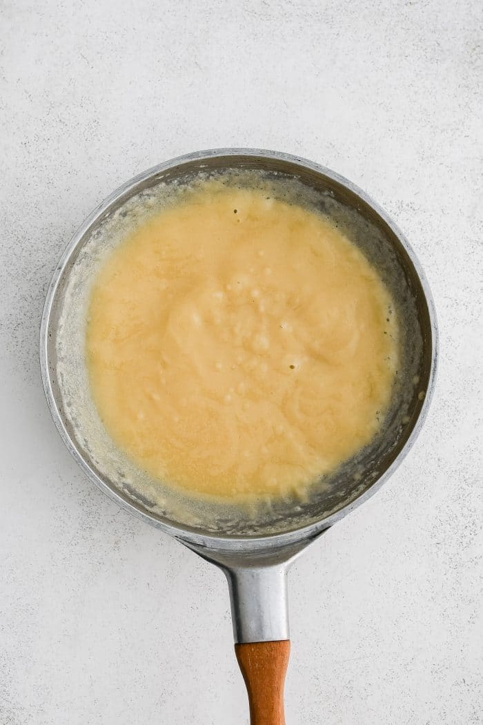 Mixture of butter and flour in a stainless steel skillet.