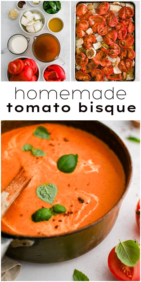 Pinterest Pin for tomato bisque soup recipe with three images and text overlay.