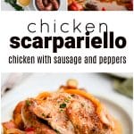 Pinterest Pin for chicken scarpariello with three images and text overlay.