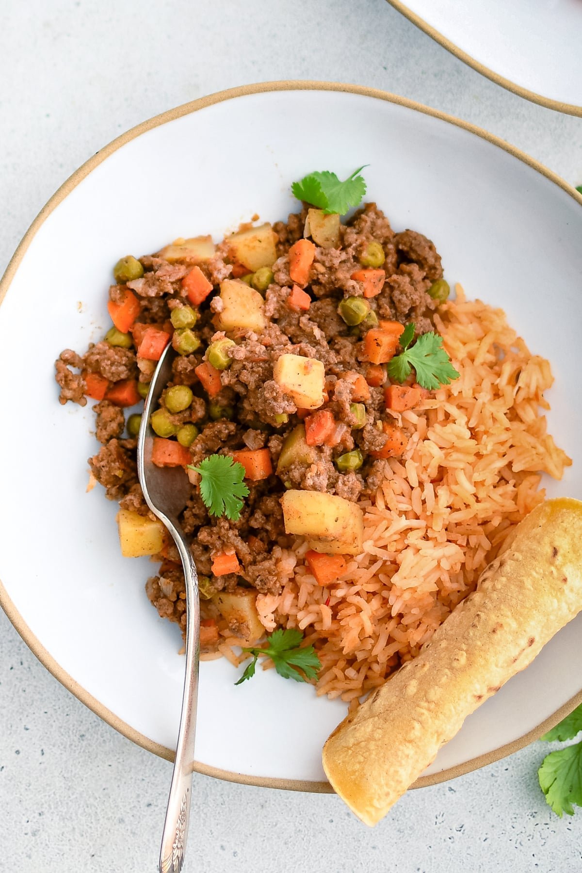 Mexican style picadillo with ground beef, potato, carrots, and peas, in a seasoned tomato sauce on a white plate with Mexican red rice and tortillas.