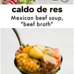 Pinterest Pin for tomato caldo de res with three images and text overlay.