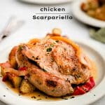 Pinterest Pin for chicken scarpariello with text overlay.