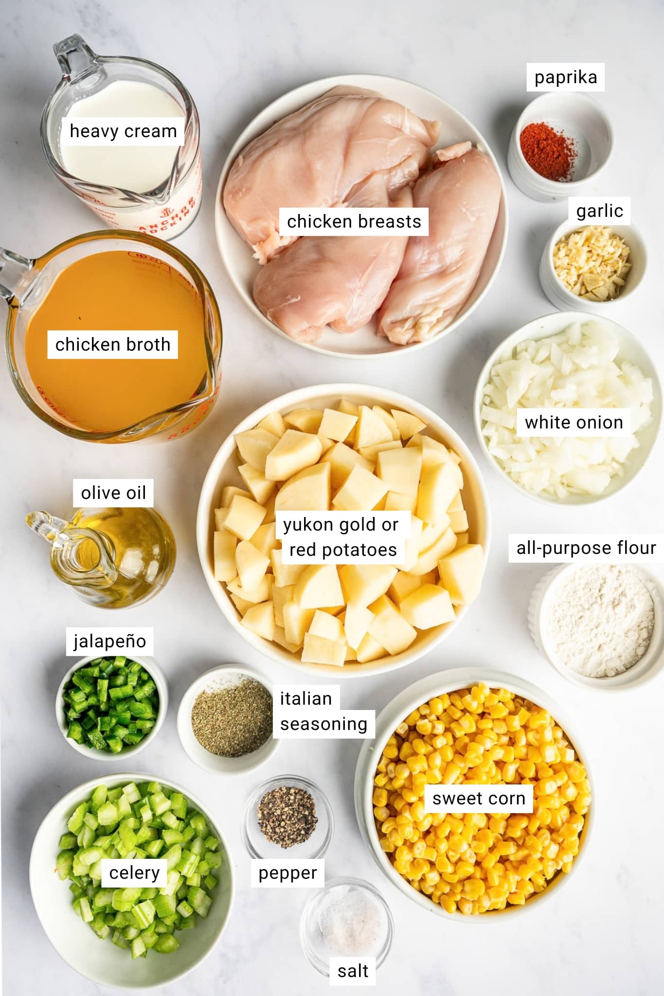 Labeled ingredients for chicken corn chowder including heavy cream, boneless skinless chicken breasts, chicken broth, Yukon Gold or red potatoes, sweet corn, white onion, celery, jalapeno, garlic, olive oil, all-purpose flour, paprika, Italian seasoning, salt, and black pepper.