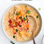 Pinterest Pin for New Chicken Corn Chowder with text overlay.