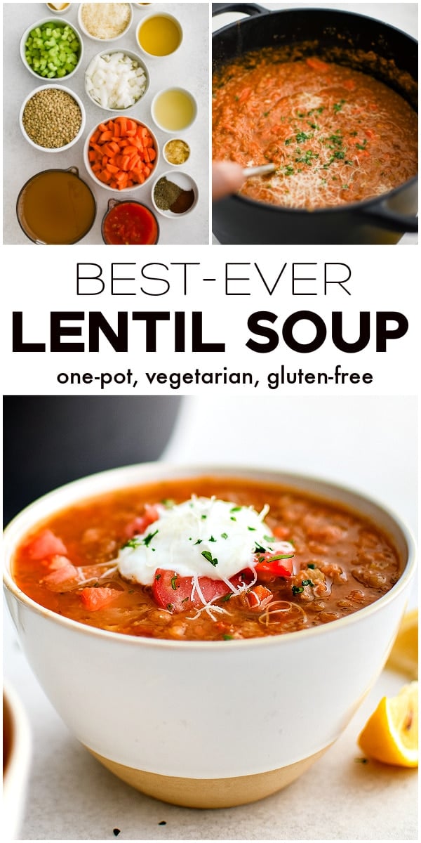 Pinterest Pin for Lentil Soup with three images and text overlay.