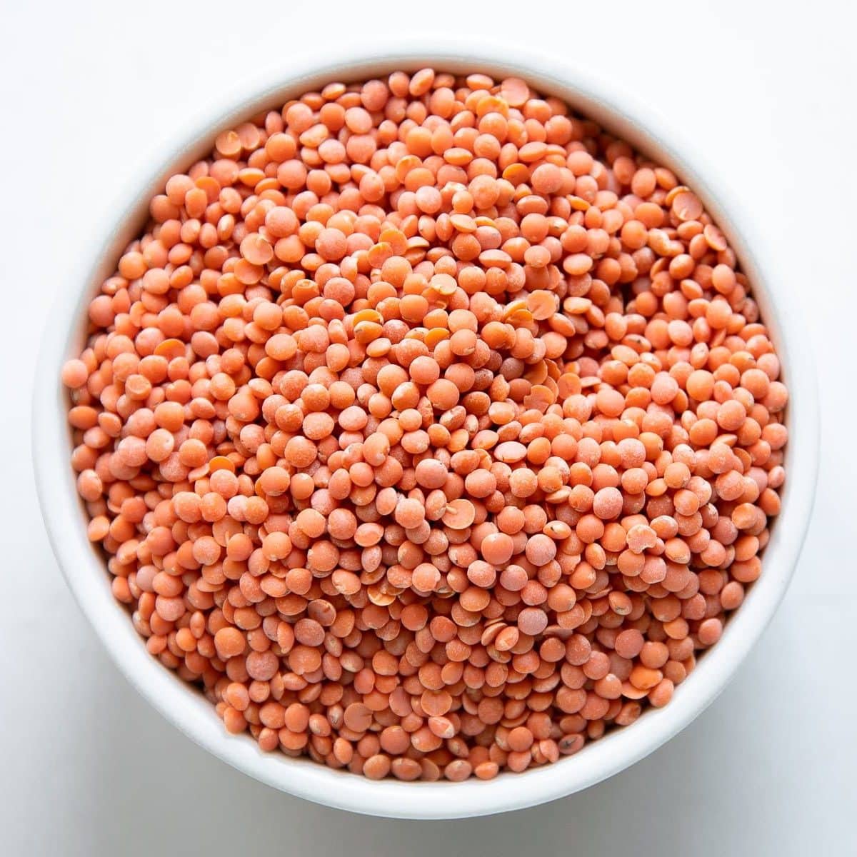 White bowl filled with dried red lentils.