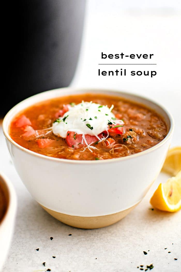 Pinterest Pin Image for Lentil Soup recipe with one image and text overlay.