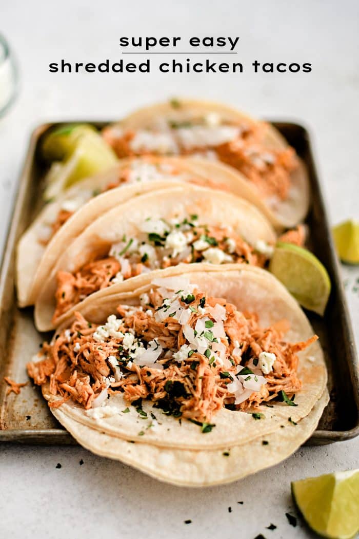 Pinterest Pin for perfect shredded chicken tacos recipe with text overlay.