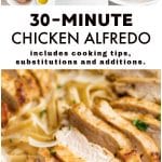 Ingredients for chicken alfredo pasta displayed in small bowls, breaded chicken breasts frying in a skillet, and a bowl of fettuccine alfredo topped with sliced cooked chicken breast. The bottom image shows a close-up of creamy pasta with juicy, golden-brown sliced chicken.
